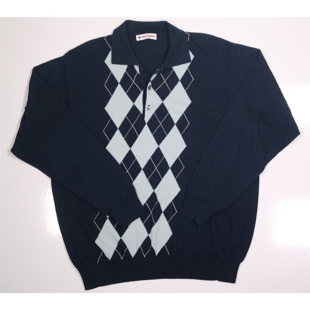 Burlington Blue Argyle Cotton Knit Jumper Collared Polo Sweater 40/Medium